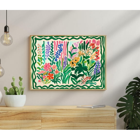 Green Maximalist Floral Colorful Horizontal Over Couch Wall Art, Botanical Bedroom And Living Room Decor