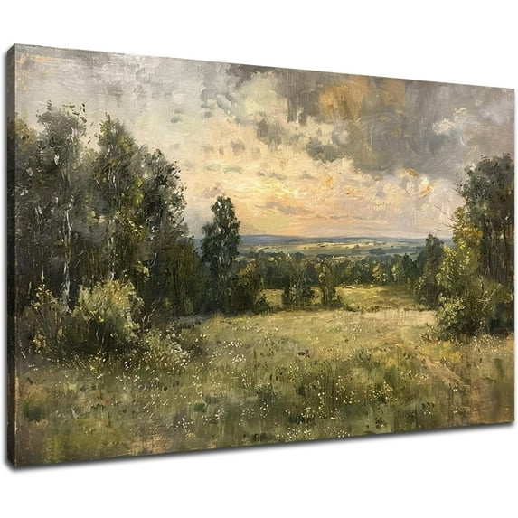 Green Meadow Canvas Print Wall Art Vintage Countryside Forest Painting Poster Nature Wilderness Picture for Bedroom Bathroom Office Wall Decoration Ready to Hang