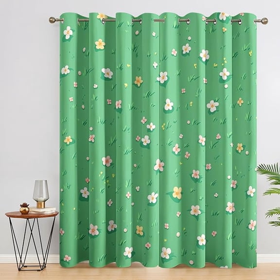 Green Meadow Floral Curtains for Bedroom Decor, Simple Flower Pattern Design Blackout Drapes, Green Meadow Floral Curtains for Living Room 42"W x 63"L (Pack of 2)