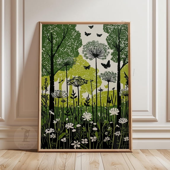 Green Meadow Poster Butterfly Woodland Wall Art Botanical Forest Illustration, Poster Only ...