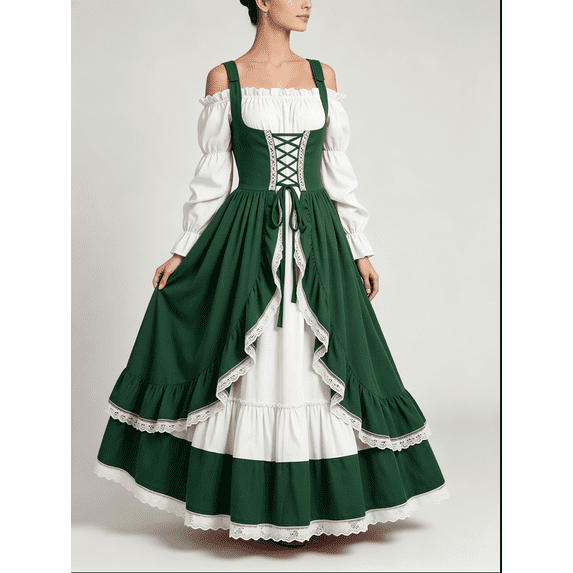 Green Medieval Corset Maxi Dress for Women Renaissance Off Shoulder Puff Sleeve Lace Cottagecore Costume,Size 2XL