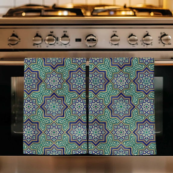 Green Mediterranean Kitchen Towels Set of 1, Vintage Abstract Geometric Floral Texture Absorbent Dish Towels for Kitchen, Microfiber Hand Towel, Quick Drying Tea Towel for Cleaning Dishcloths