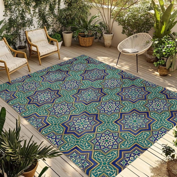 Green Mediterranean Outdoor Rug 3x5 Ft - Reversible Patio Rug Outdoor Camping Rugs, Vintage Abstract Geometric Floral Texture Indoor Outdoor Area Rugs, Non-Slip Outdoor Carpet Runner for Deck/Porch