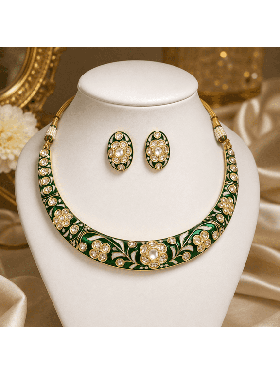 Green Meenakari Kundan Hasli Choker Necklace & Earrings Set for Women, Gold Tone Indian Wedding Jewelry