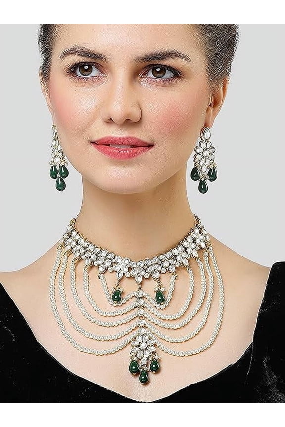 Green Meenakari Kundan Pearls Layered Bridal Necklace Earring & Maangtikka Set For Women