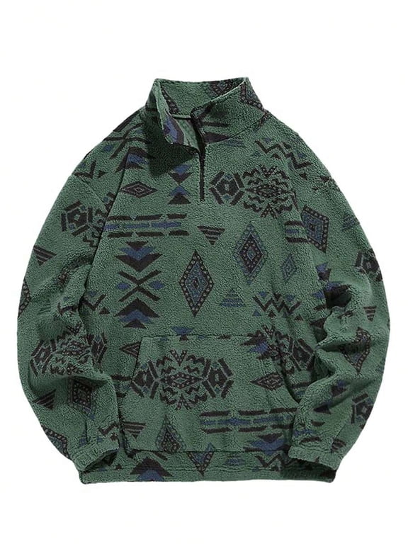 Green Mens Aztec Print Fuzzy Quarter-Zip Pullover Sweatshirt