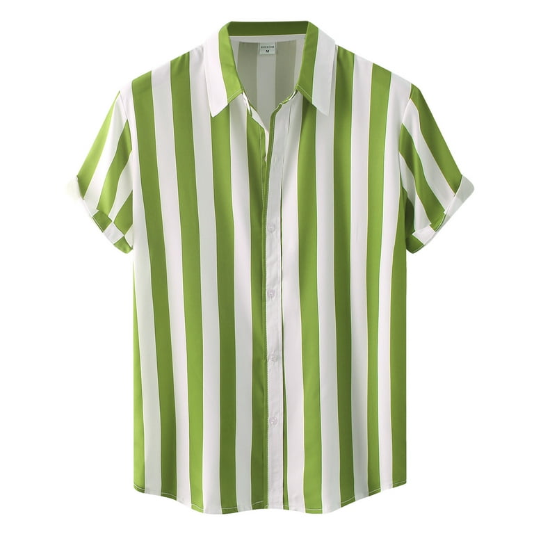 Green Mens Work Shirts Male Summer Hawaii Striped PrinT Shirt Short Sleeve  Turn Down Collar Button Men's T-shirts Size 3XL