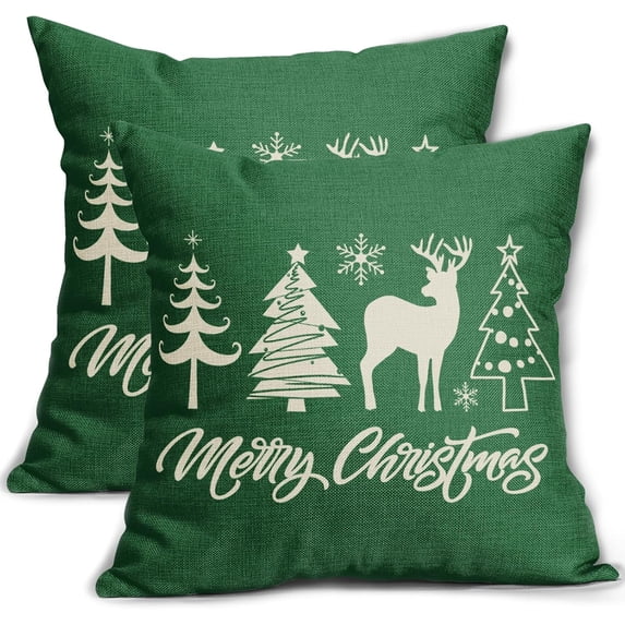 Green Merry Christmas Tree Deer Pillow Covers 20x20 Set of 2 Rustic Xmas Snowflakes Print Decorative Outdoor Pillowcases Winter Farmhouse Throw Cushion Case Decor for Couch Sofa Bed