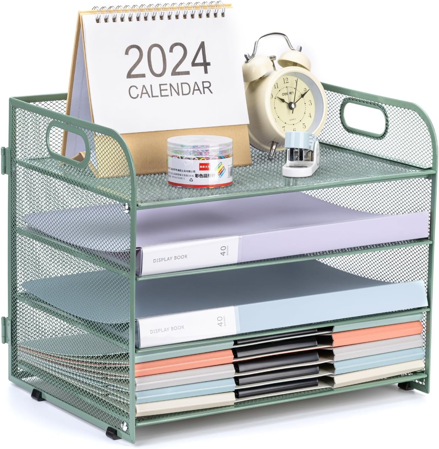 Green Mesh Letter Tray Paper Organizer with Handle - 4-Tier Desk ...