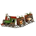 thumbnail image 1 of Green Metal Holiday Train on Tracks with 2 Red Present Cars and Fused Glass Panes, 1 of 2