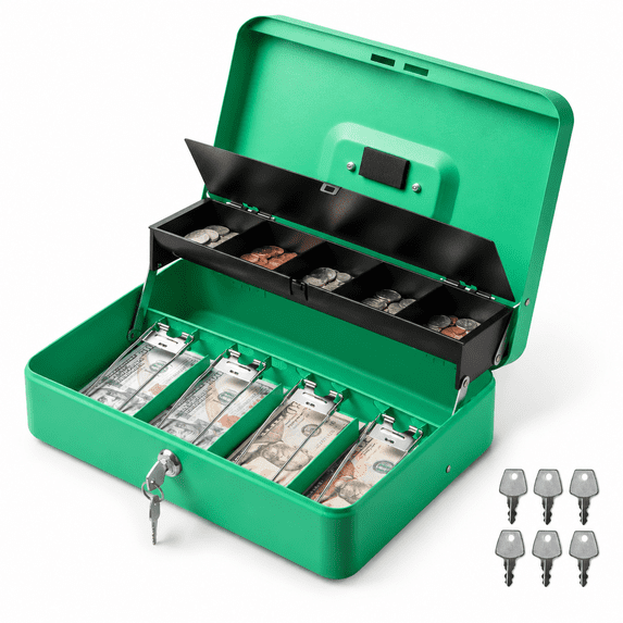 Green Metal Lockable Box with Key Lock and Removable Tray for Business ...
