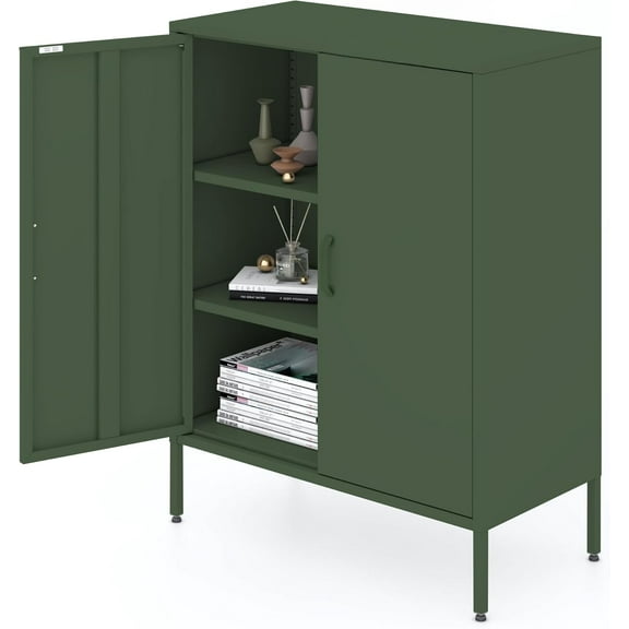 Green Metal Locker Cabinet with 2 Doors, Metal Accent Cabinets with 2 Adjustable Shelves Home Office Storage Lockers Sideboard for Kitchen Living Room Hallway Entryway