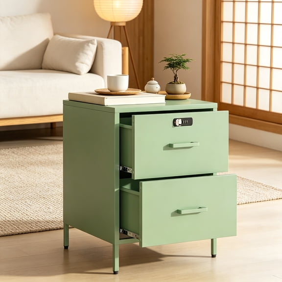 Green Metal Nightstand with Lock 2 Drawers, Lockable Storage Cabinet, 21.26"H x 15.75"W x 15.75"D, for Living Room, Bedroom, Dorm
