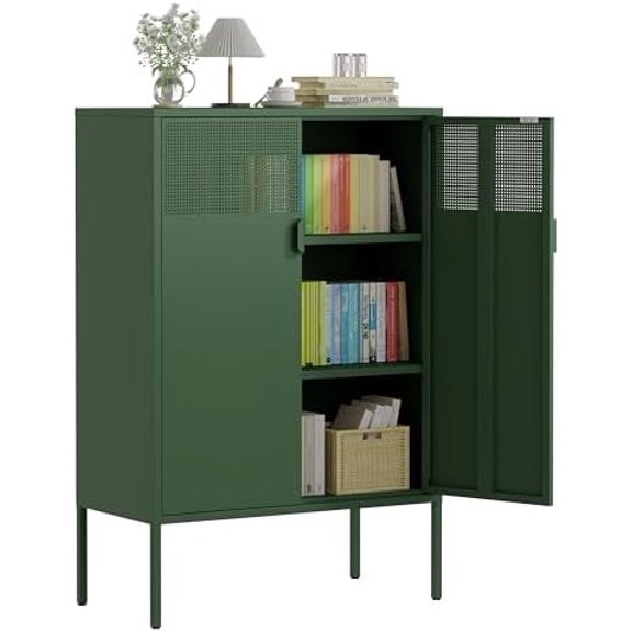 Green Metal Storage Cabinet with 2 Mesh Doors & 2 Adjustable Shelves, 3 Tier Metal Locker Style Accent Storage Cabinet with Adjustable Legs for Entryway, Hallway, Home Office