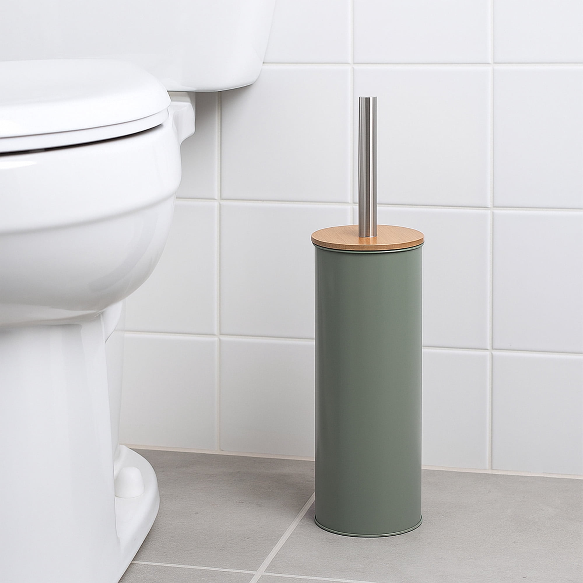 Green Metal Toilet Brush and Holder Set With Bamboo Lid