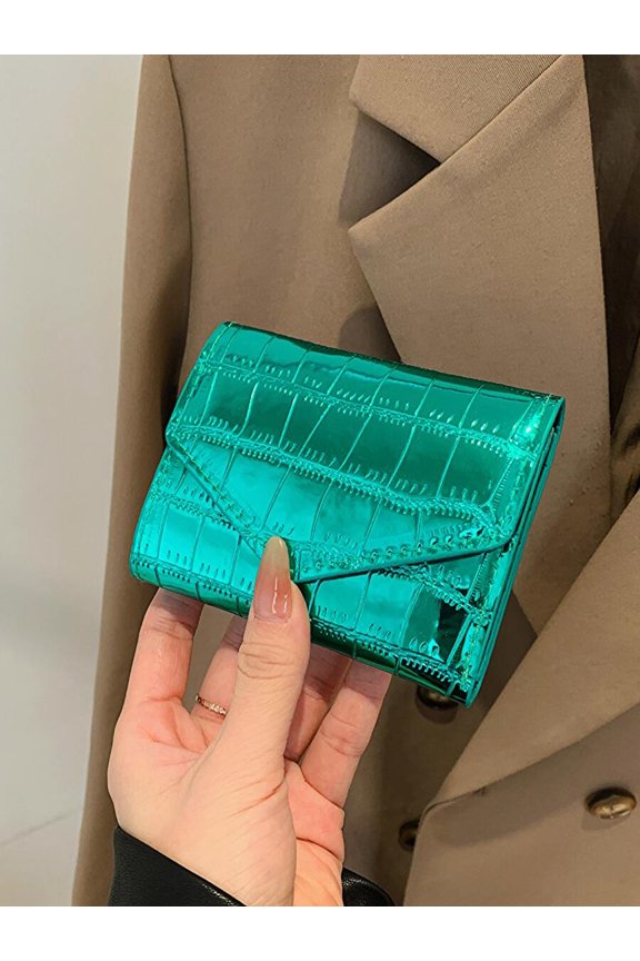 Green Metallic Croc-Embossed PU Leather Envelope Mini Bifold Wallet
