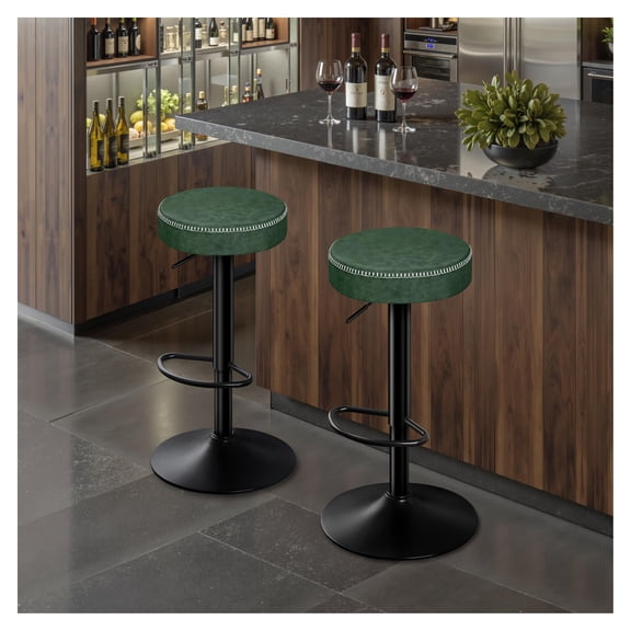 Green Microfiber Bar Stools Set Of 2 Round Swivel Adjustable Height Backless Counter Stools