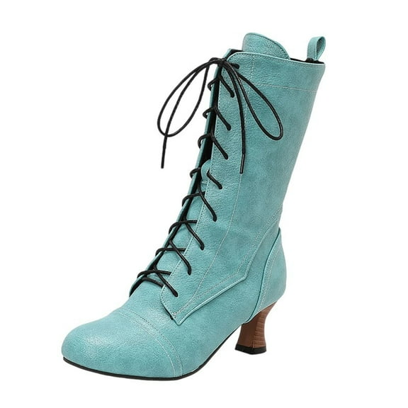Green Mid-Calf Boots With Lace-Up And Round Toe Flat Design For Women Winter Casual Wear Pu Leather Comfort Fit