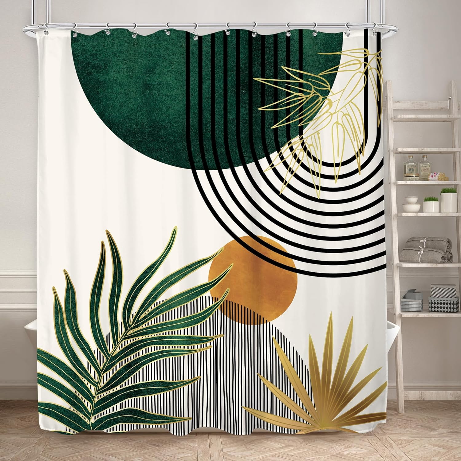 Green Mid Century Boho Shower Curtain for Bathroom Decor 72Wx84H Inches