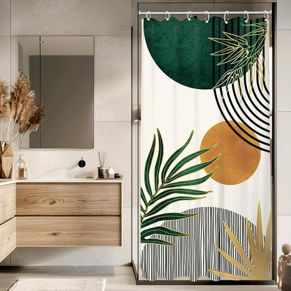 Green Mid Century Boho Small Stall Shower Curtain for Bathroom Decor 36Wx72H Inches Single Half RV Abstract Modern Minimalist Sun Arch Leaves Geometric Fabric Waterproof Polyester 7 Pack Hooks
