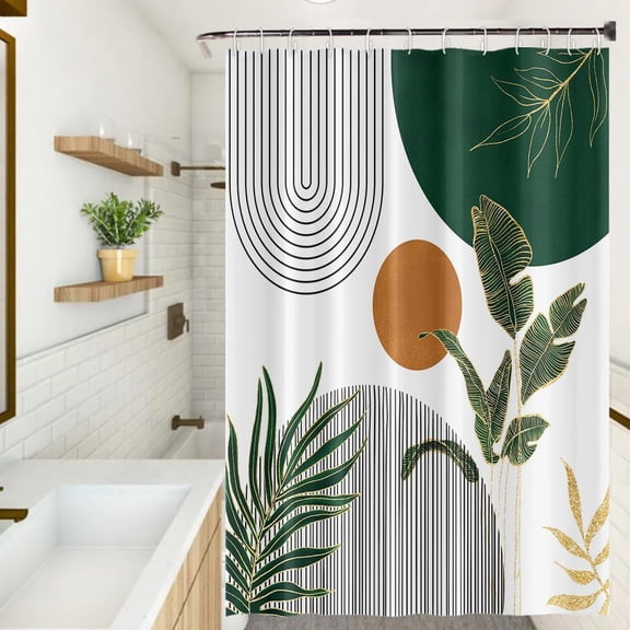 Green Mid Century Shower Curtain Abstract Modern Sun Tropical Plant Geometric Lines Bath Curtain Minimalist Aesthetic Decor Waterproof Durable 72x72 Inches Include Hooks