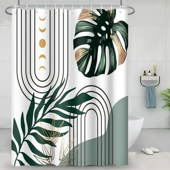 Green Mid Century Shower Curtain Boho Palm Sage Leaf Abstract Moon Phase Shower Curtains for Simple Minimalist Bathroom Set Waterproof Bath Decoration Accessories Home Decor, 72x84 Inch