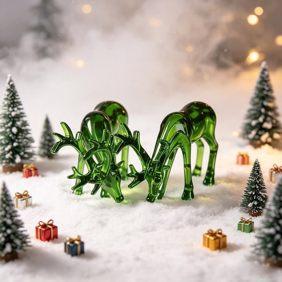 Green Mini Deer Statues Set of 2, Small Resin Deer Figurines for Entryway Desk Shelf, European Imitation Metal Finish, Garden Porch Accent, Weather Resistant Craft