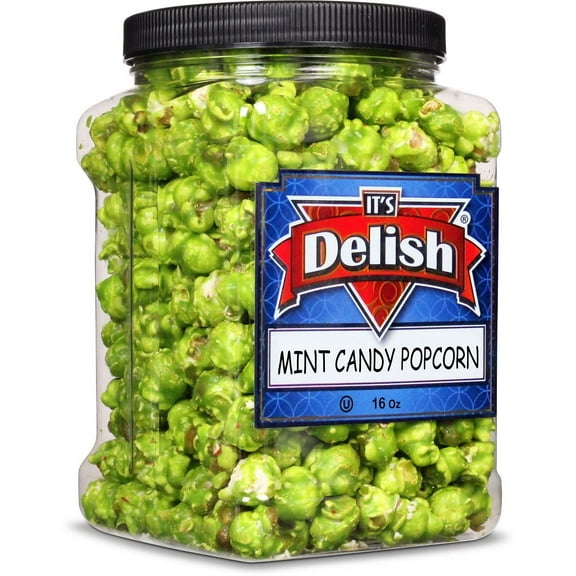 Green Mint Candy Popcorn by Its Delish, 16 Oz Jumbo Reusable Container, Festive Air Popped Sweet Crunchy Caramelized Popcorn - Refreshing Snack for Desserts, Parties, Candy Buffet Vegan, Kosher