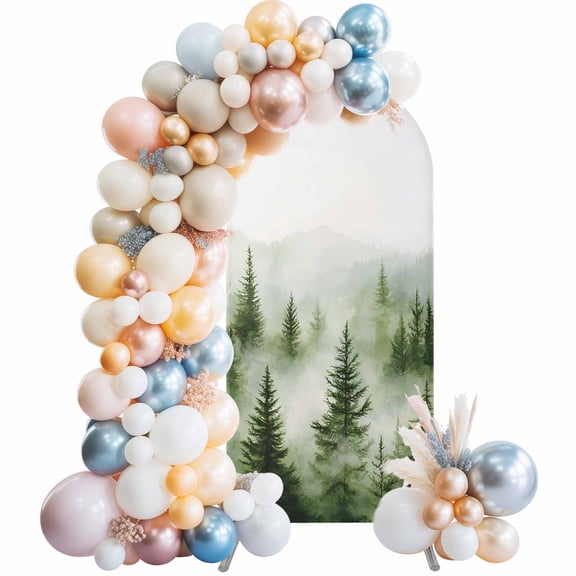 Green Mist Forest Arch Backdrop Cover, Spandex Fitted Wedding Arch Cover, Foggy Mountain Tree Nature Landscape Round Top Stand Covers for Birthday Ceremony Bridal Shower Party Decor 7.2x4 Ft