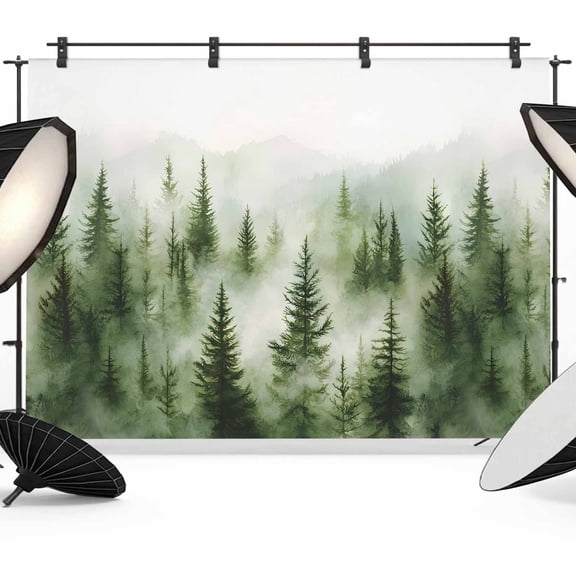 Green Mist Forest Backdrop for Photography,Fabric Photo Background Backdrop,Foggy Mountain Tree Nature Landscape Photo Booth Background for Portrait Photoshoot Video Wedding Decoration Banner 7x5ft
