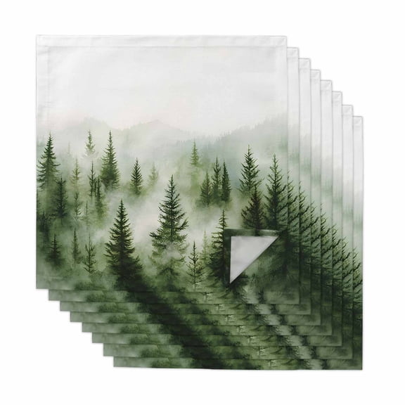 Green Mist Forest Cloth Napkins, Foggy Mountain Tree Nature Landscape Washable and Reusable Dinner Napkins Set of 8, Table Napkin for Kitchen Party Birthday Wedding Hotel Housewarming 20"x20"