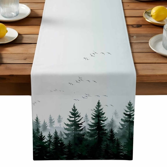 Green Mist Forest Cotton Linen Table Runner for Dining Kitchen, Farmhouse Trees Nature Landscape Wedding Outdoor Party Tablerunners Decoration, Dresser Scarf Coffee Tablecloth Runners 13x48 Inches