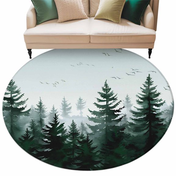 Green Mist Forest Large Area Rugs for Bedroom Living Room, Soft Non Slip Carpet Bedside Rug, Farmhouse Trees Nature Landscape Round Floor Cover Kitchen Accent Rug 6' for Dining Room/Office