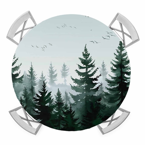 Green Mist Forest Round Tablecloth for 55-60 Inch Tables,Fitted Table Cover with Elastic Edge,Farmhouse Trees Nature Landscape Waterproof Outdoor Table Cloth Protector for Patio Garden Dinner Picnic