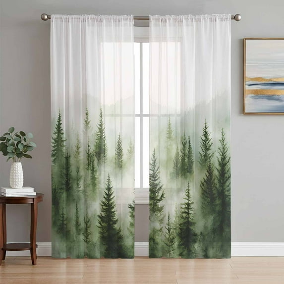 Green Mist Forest Semi Sheer Curtains 96 Inch Length 2 Panels Set, Foggy Mountain Tree Nature Landscape Sheer Kitchen Curtain Privacy Voile Window Curtain for Living Room Bedroom Rod Pocket Drapes