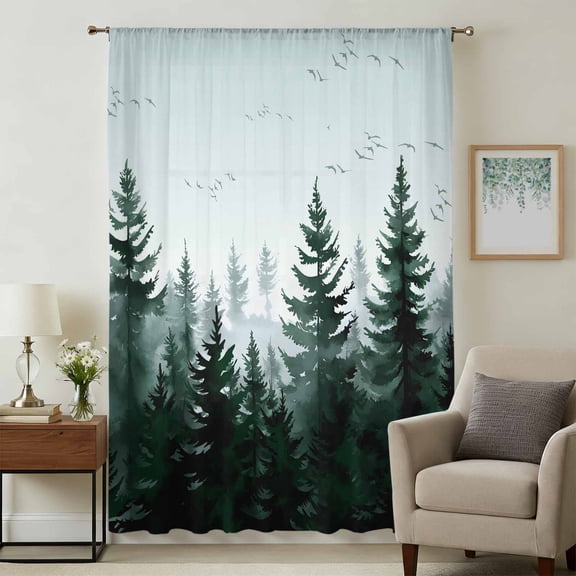 Green Mist Forest Sheer Curtains 84 Inches Long, Farmhouse Trees Nature Landscape Light Filering Curtains, Breathable Simi Curtain Privacy Drapes for Living Room Bedroom Lightweight Window Treatment