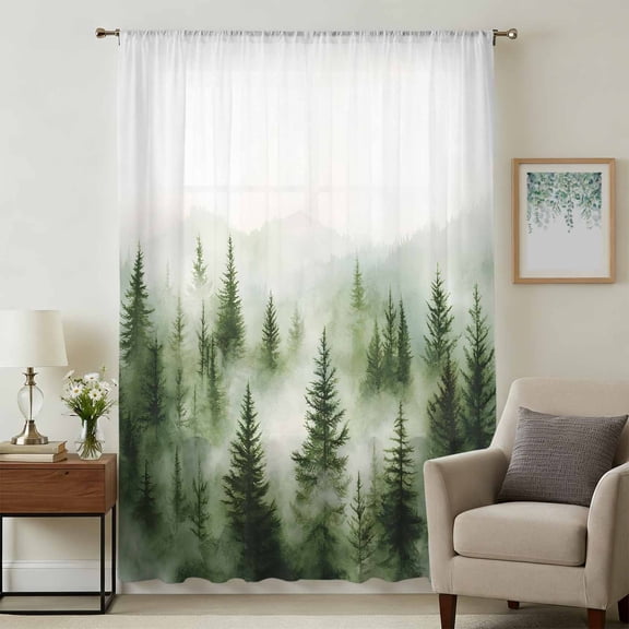 Green Mist Forest Sheer Curtains 96 Inches Long, Foggy Mountain Tree Nature Landscape Light Filering Curtains, Privacy Drapes Simi Floor to Veiling Curtain for Living Room Bedroom Window Treatment