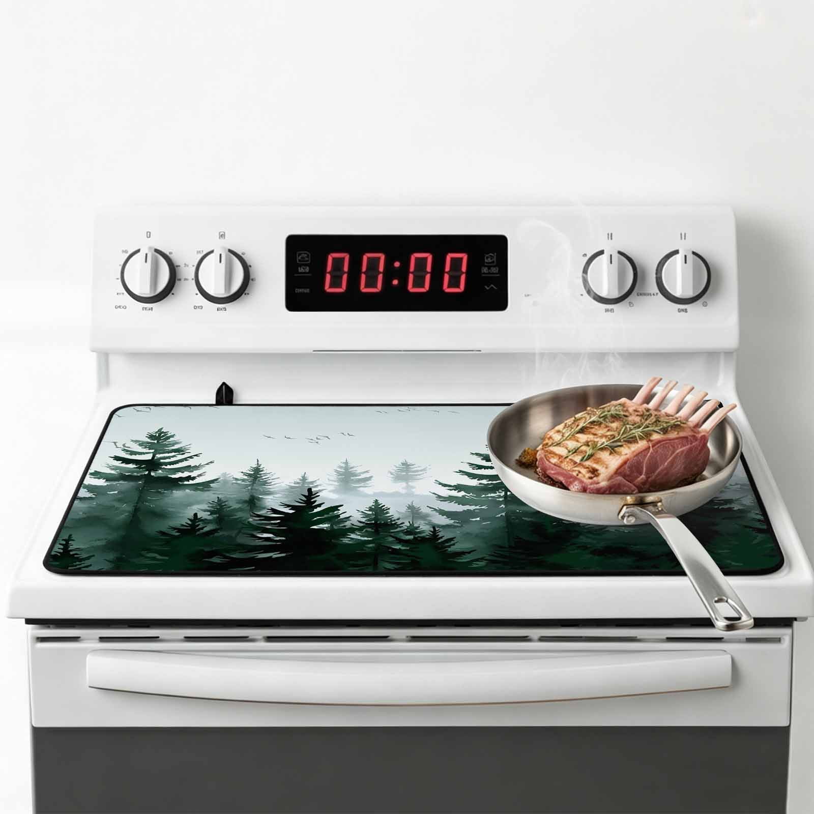 Green Mist Forest Stove Top Cover for Electric Stove, Heat-proof & Non Slip Glass Top Stove Cover Protector, Farmhouse Trees Nature Landscape Kitchen Flat Cooktop Rubber Mat 24x21 Inches