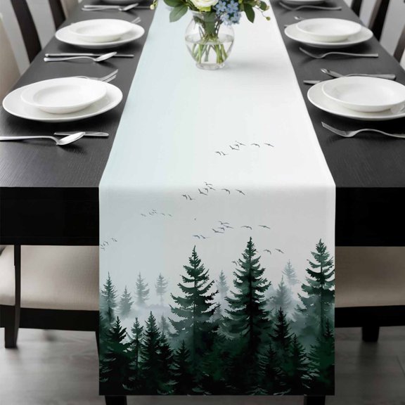 Green Mist Forest Table Runner 36 Inches Long, Farmhouse Trees Nature Landscape Kitchen Coffee Dining Table Decoration for Home Party Birthday Wedding Home Decor 13x36 Inches