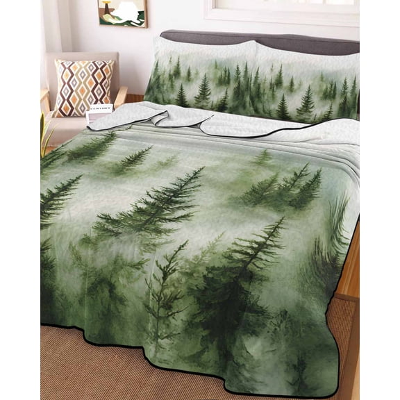 Green Mist Forest Twin Size Down Alternative Comforter, Lightweight Comforter Quilt Bedding Set with Pillow Shams Foggy Mountain Tree Nature Landscape All Seasons Bed Comforter Duvet Insert 68"x86"