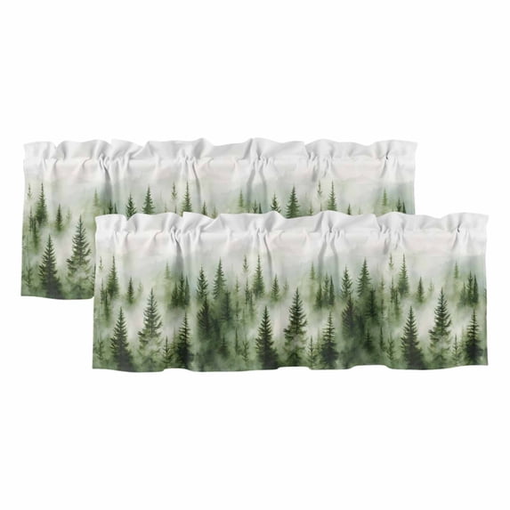 Green Mist Forest Valances for Windows, Foggy Mountain Tree Nature Landscape Light Filtering Kitchen Curtains, Rod Pocket Window Valance Curtains for Living Room Bedroom, 54" W x 18" L, 2 Panels