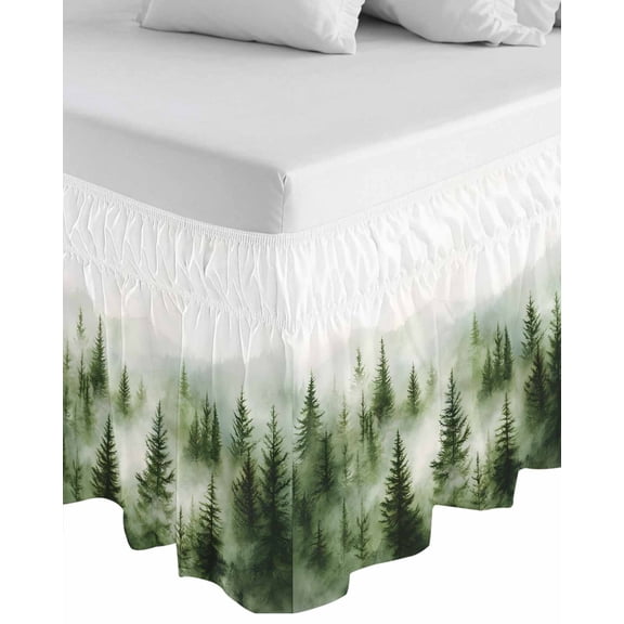 Green Mist Forest Wrap Around Bed Skirts for California King Bed 16" Drop,Bed Skirt with Adjustable Elastic Belt Dust Ruffle Bed Valance Foggy Mountain Tree Nature Landscape Bed Frame Cover