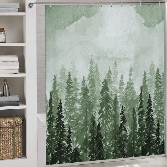 Green Misty Forest Shower Curtain Green White Waterproof Polyester Fabric Nature Mountain Woodland Waterproof Printed Bath Curtain Decor with Hooks 54"W x 78"L (Pack of 1)