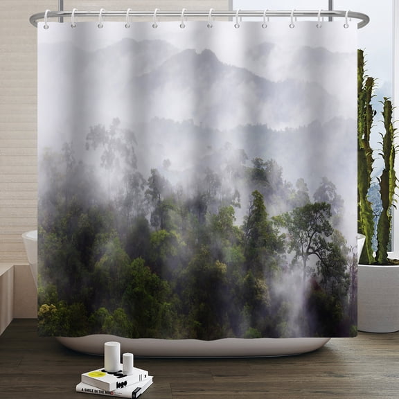 Green Misty Forest Shower Curtain Nature Landscape Tree Dark Green Fabric Waterproof Bath