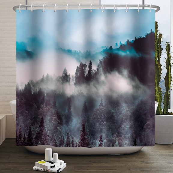 Green Misty Forest Shower Curtain Nature Landscape Tree Dark Green Fabric Waterproof Bath