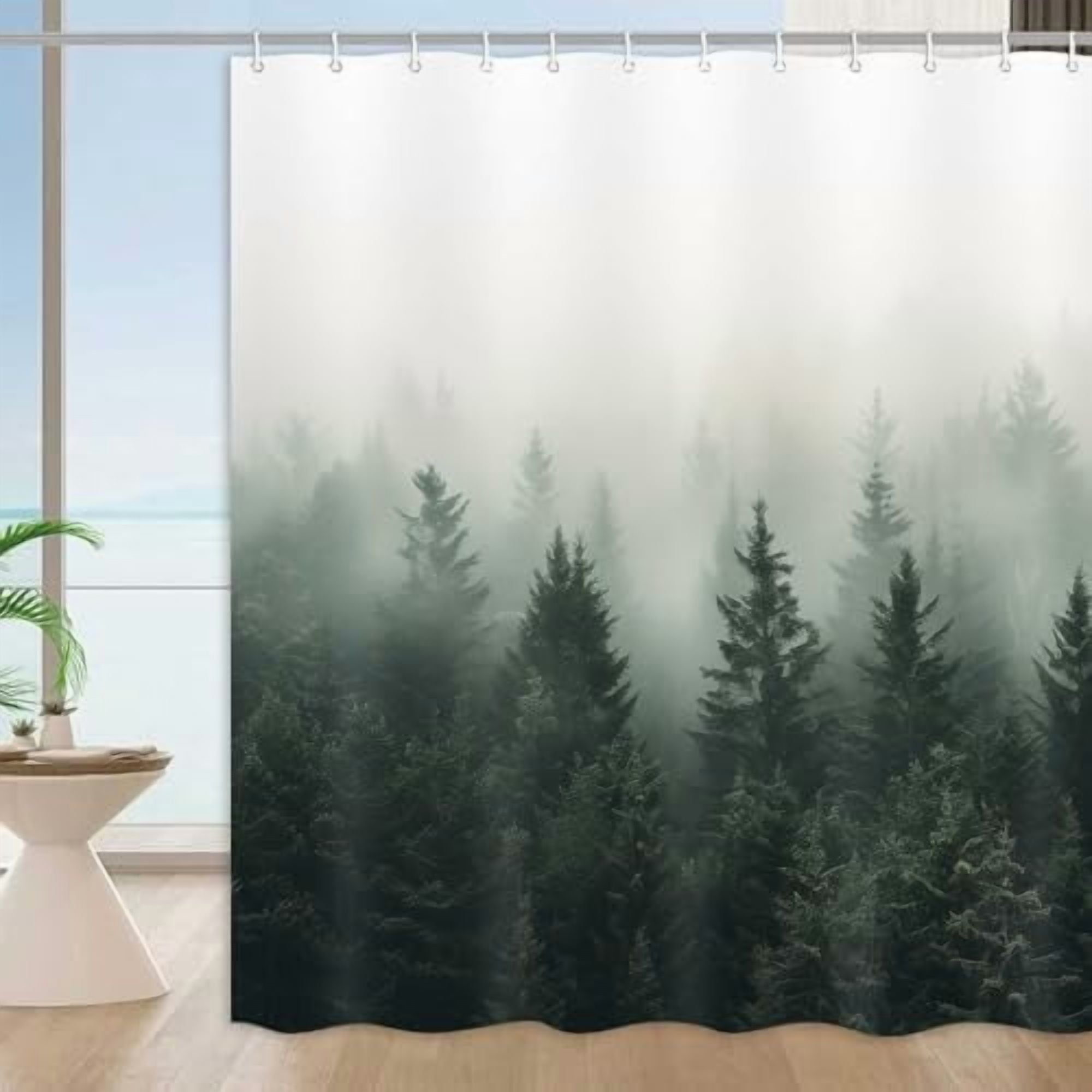 Misty Forest Shower Curtain - Grey Pine Tree Woodland Scene, Waterproof Polyester, 72x72 Inches