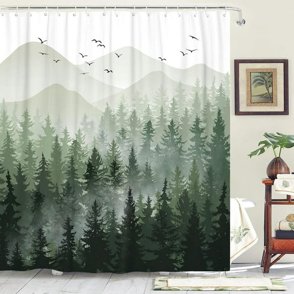 Green Misty Forest Shower Curtain Ombre Sage Green White Mountain Pine Tree Waterproof Fabric Shower Curtains for Bathroom Nature Woodland Decorative Modern Bath Curtain Decor 72×72 Inches