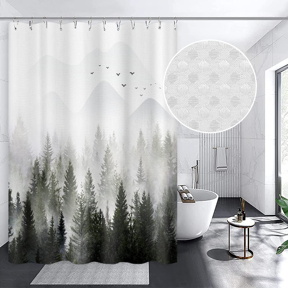 Green Misty Forest Shower Curtain, Rustic Shower Curtain Green Mountain Birds Tree Art Nature Woodland Summer Shower curtains for Bathroom Decorative Bath Curtains 72x72 Water Repellent Waffle Fabric