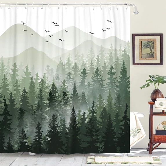 Green Misty Forest Shower Curtain Set Ombre Sage Green White Waterproof Fabric Shower Curtains Nature Tree Mountain Woodland Decorative Bathroom Bath Curtain Decor (72"x 72", Green)