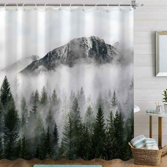 Green Misty Forest Shower Curtain Tree Nature Mountain Shower Curtain Set Dark Green Fabric Waterproof Shower Curtains for Bathroom Decor with 12 Hooks (72'''' × 72'''', Green5)